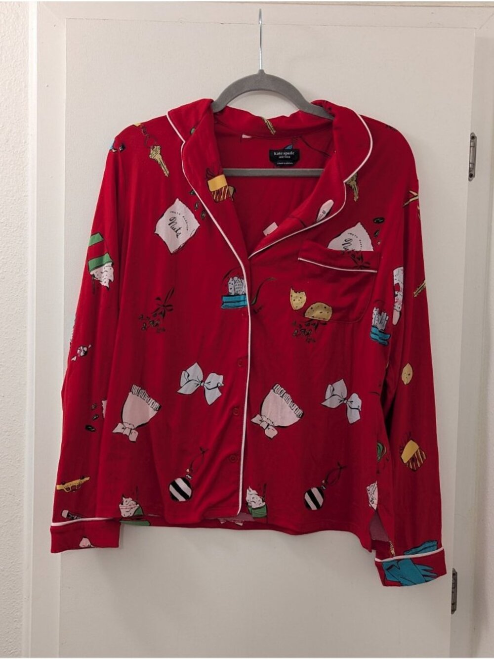 Kate Spade Holiday-Themed Red Button-Up Pajama Top With Festive Print & Piping W